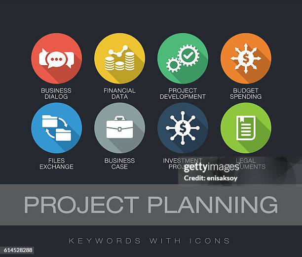 project planning keywords with icons - construction work close up stock illustrations