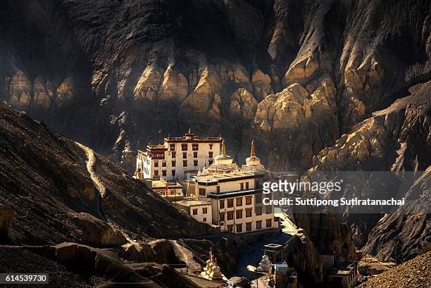 lamayuru temple in leh ladakh on the hill in mountain valley - lamayuru stock-fotos und bilder