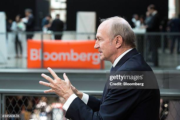 Jean-Paul Agon, chief executive officer of L'Oreal SA, gestures whilst speaking during a Bloomberg Television interview at the Hello Tomorrow...