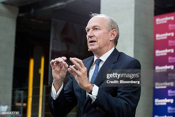 Jean-Paul Agon, chief executive officer of L'Oreal SA, gestures whilst speaking during a Bloomberg Television interview at the Hello Tomorrow...