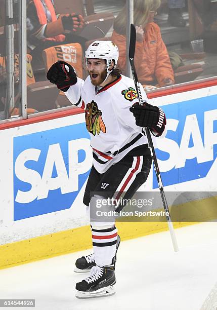 Chicago Blackhawks Left Wing Brandon Saad [8995] celebrates after scoring the Blackhawks third goal of the game in the second period during game 7 of...