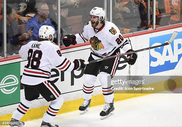 Chicago Blackhawks Left Wing Brandon Saad [8995] celebrates with team mate Chicago Blackhawks Right Wing Patrick Kane [6040] after scoring the...