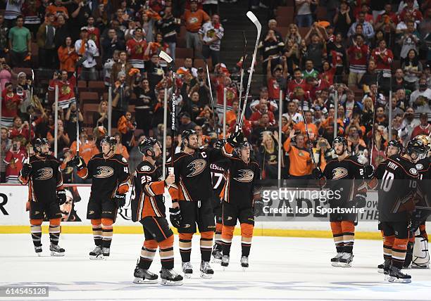 The Ducks salute the crowd after being defeated by the Blackhawks during game 7 of the NHL Western Conference Final between the Chicago Blackhawks...