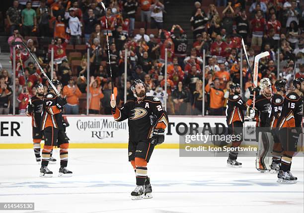 The Ducks salute the crowd after being defeated by the Blackhawks during game 7 of the NHL Western Conference Final between the Chicago Blackhawks...