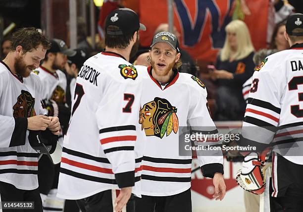 Chicago Blackhawks Right Wing Patrick Kane [6040] and Chicago Blackhawks Defenseman Brent Seabrook [3522] celebrate winning the Western Conference...