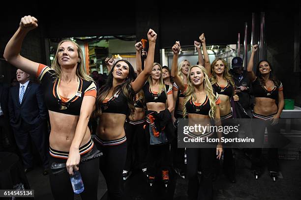 The Ducks power players celebrate after the Ducks score their third goal of the game in the third period during game 7 of the NHL Western Conference...