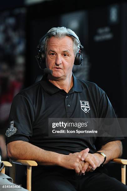 Los Angeles Kings head coach Darryl Sutter is interviewd by the NHL Network during Media Day for the Stanley Cup Finals at STAPLES Center in Los...