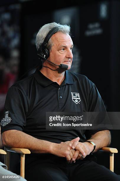 Los Angeles Kings head coach Darryl Sutter is interviewd by the NHL Network during Media Day for the Stanley Cup Finals at STAPLES Center in Los...
