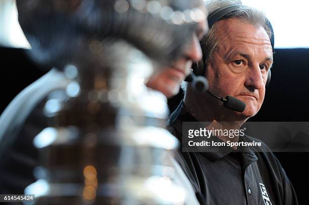 Los Angeles Kings head coach Darryl Sutter is interviewd by the NHL Network during Media Day for the Stanley Cup Finals at STAPLES Center in Los...