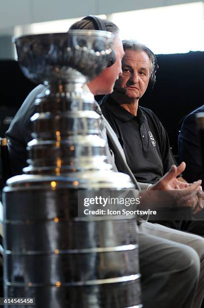 Los Angeles Kings head coach Darryl Sutter is interviewd by the NHL Network during Media Day for the Stanley Cup Finals at STAPLES Center in Los...