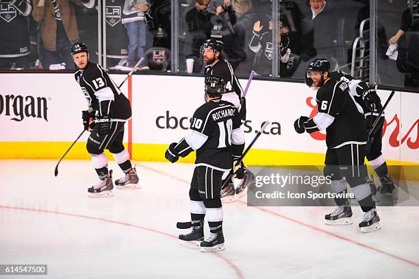 The Kings celebrate their second goal of the game in the second period by Los Angeles Kings Defenseman Drew Doughty [6495] during game 1 of the...