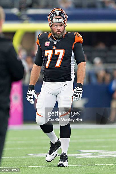 Andrew Whitworth of the Cincinnati Bengals walks off the field during a game against the Dallas Cowboys at AT&T Stadium on October 9, 2016 in...