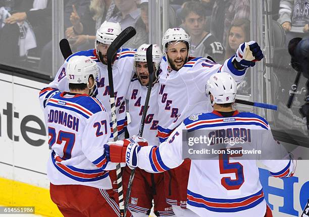 The Rangers celebrate their second goal of the game by New York Rangers Right Wing Mats Zuccarello [7214] during game 2 of the Stanley Cup Final...