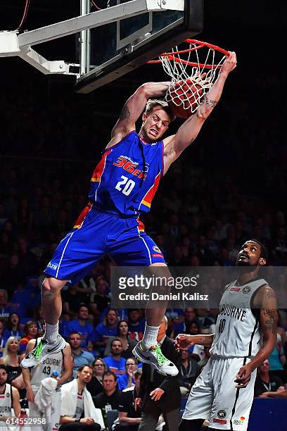 Nathan Sobey of the Adelaide 36ers dunks during the round two NBL match between the Adelaide 36ers and Melbourne United at the Adelaide Entertainment...