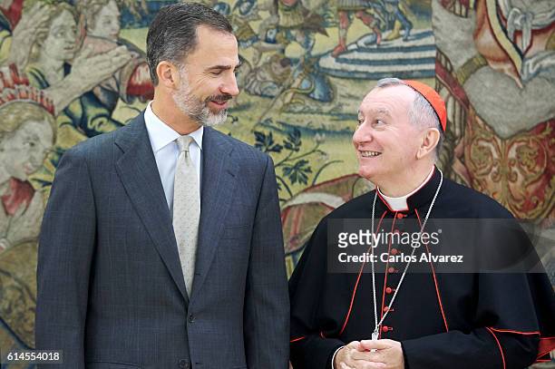 King Felipe VI of Spain recieves Vatican Secretary of State Cardinal Pietro Parolin at Zarzuela Palace on October 14, 2016 in Madrid, Spain.