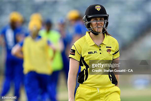 Emma Biss of Western Australia leaves the ground after being dismissed during the WNCL match between Western Australia and the ACT at WACA on October...