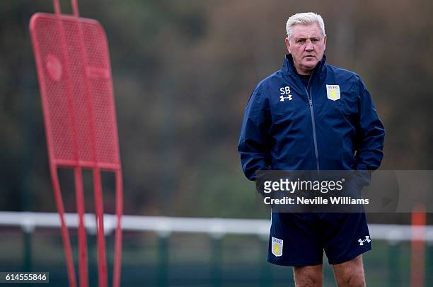 Steve Bruce manager of Aston Villa in action during a Aston Villa training session at the club's training ground at Bodymoor Heath on October 14,...
