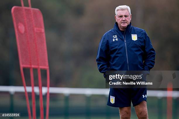 Steve Bruce manager of Aston Villa in action during a Aston Villa training session at the club's training ground at Bodymoor Heath on October 14,...