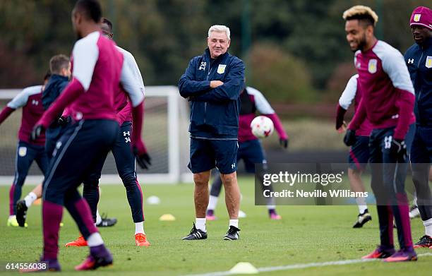 Steve Bruce manager of Aston Villa in action during a Aston Villa training session at the club's training ground at Bodymoor Heath on October 14,...