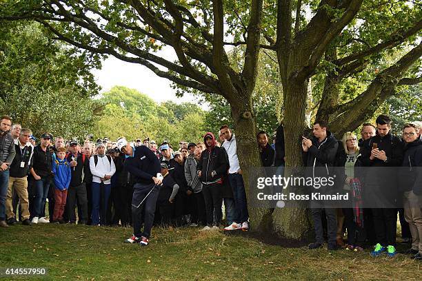 Alex Noren of Sweden plays his third shot on the ninth hole during the second round of the British Masters at The Grove on October 14, 2016 in...