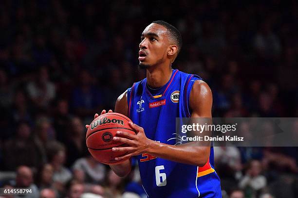Terrance Ferguson of the Adelaide 36ers shoots during the round two NBL match between the Adelaide 36ers and Melbourne United at the Adelaide...