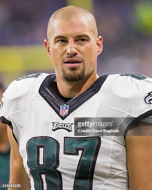 Brent Celek of the Philadelphia Eagles watches the action from the sidelines during an NFL game against the Detroit Lions at Ford Field on October 9,...