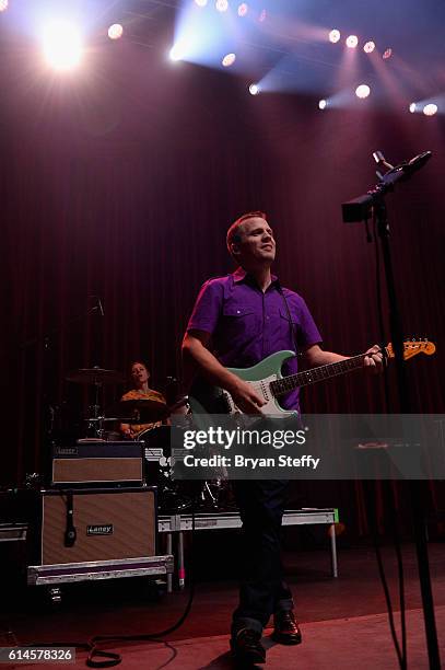 Guitarist Chris Allen of Neon Trees performs during the Scleroderma Research Foundations' Cool Comedy - Hot Cuisine fundraiser at Brooklyn Bowl Las...