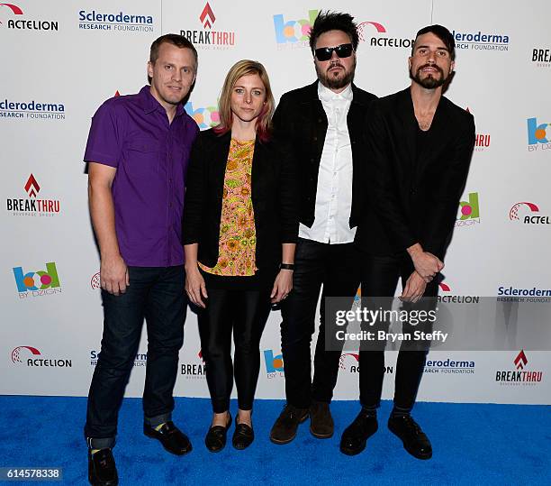 Guitarist Chris Allen, drummer Elaine Bradley, bassist Brendan Campbell and singer Tyler Glenn of Neon Trees attend the Scleroderma Research...