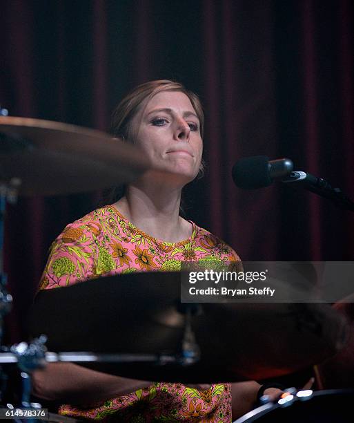 Drummer Elaine Bradley of Neon Trees performs during the Scleroderma Research Foundations' Cool Comedy - Hot Cuisine fundraiser at Brooklyn Bowl Las...