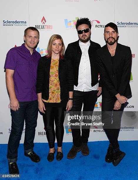 Guitarist Chris Allen, drummer Elaine Bradley, bassist Brendan Campbell and singer Tyler Glenn of Neon Trees attend the Scleroderma Research...