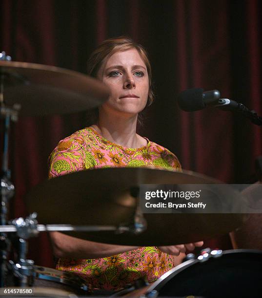 Drummer Elaine Bradley of Neon Trees performs during the Scleroderma Research Foundations' Cool Comedy - Hot Cuisine fundraiser at Brooklyn Bowl Las...