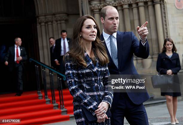Prince William, Duke of Cambridge and Catherine, Duchess of Cambridge leave Manchester Town Hall after attending a paving stone ceremony for Victoria...