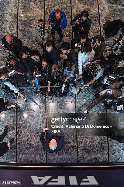 President Gianni Infantino talks to the media after part II of the FIFA Council Meeting 2016 at the FIFA headquarters on October 14, 2016 in Zurich...