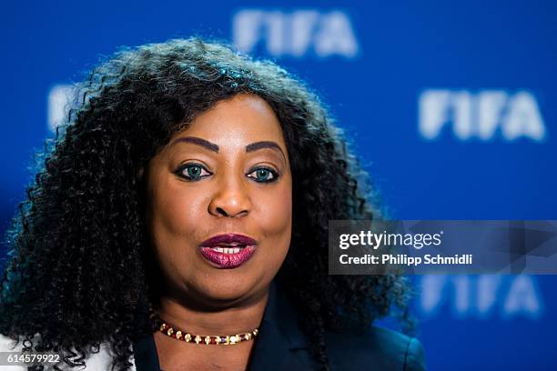 Secretary General Fatma Samoura gives an interview after part II of the FIFA Council Meeting 2016 at the FIFA headquarters on October 14, 2016 in...