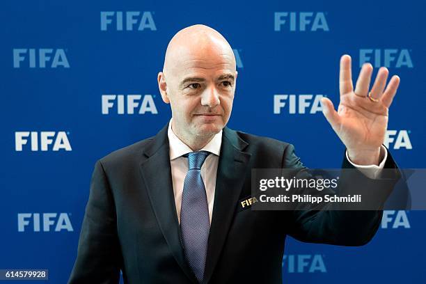 President Gianni Infantino poses for a photo after part II of the FIFA Council Meeting 2016 at the FIFA headquarters on October 14, 2016 in Zurich,...