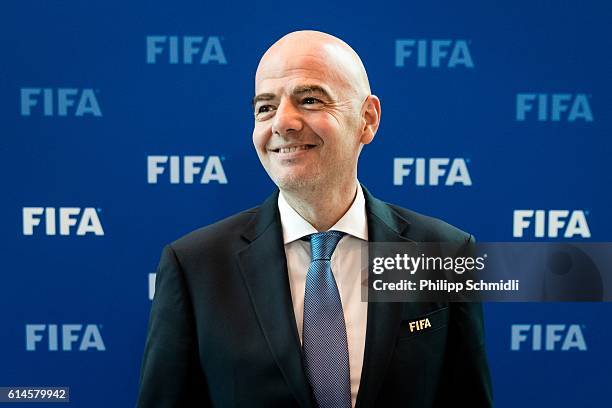 President Gianni Infantino poses for a photo after part II of the FIFA Council Meeting 2016 at the FIFA headquarters on October 14, 2016 in Zurich,...