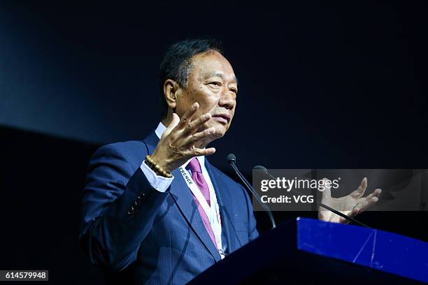 Terry Gou, founder and chairman of Foxconn, makes speech during opening ceremony of the Computing Conference 2016 at Hangzhou Yunqi Cloud Town...