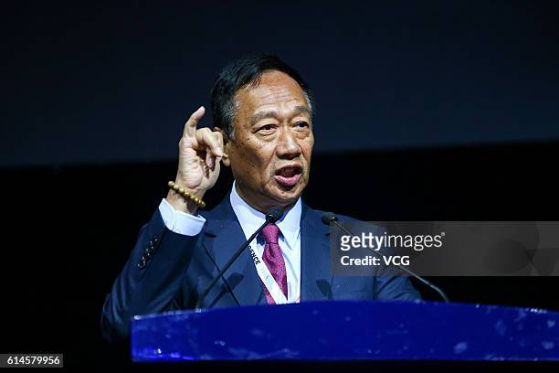 Terry Gou, founder and chairman of Foxconn, makes speech during opening ceremony of the Computing Conference 2016 at Hangzhou Yunqi Cloud Town...