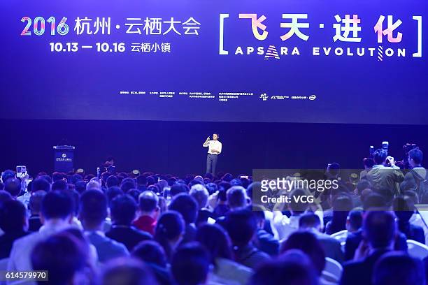Alibaba chairman Jack Ma makes speech during opening ceremony of the Computing Conference 2016 at Hangzhou Yunqi Cloud Town International Expo Centre...