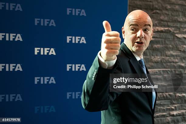 President Gianni Infantino gives a thumps up after part II of the FIFA Council Meeting 2016 at the FIFA headquarters on October 14, 2016 in Zurich,...