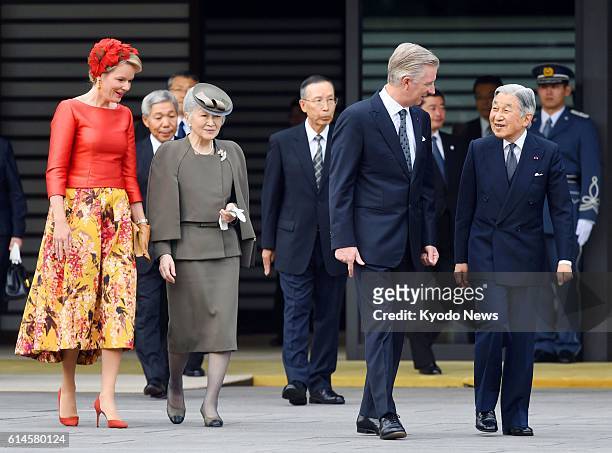 Japanese Emperor Akihito and Empress Michiko attend a ceremony welcoming Belgian King Philippe and Queen Mathilde to Japan at the Imperial Palace in...