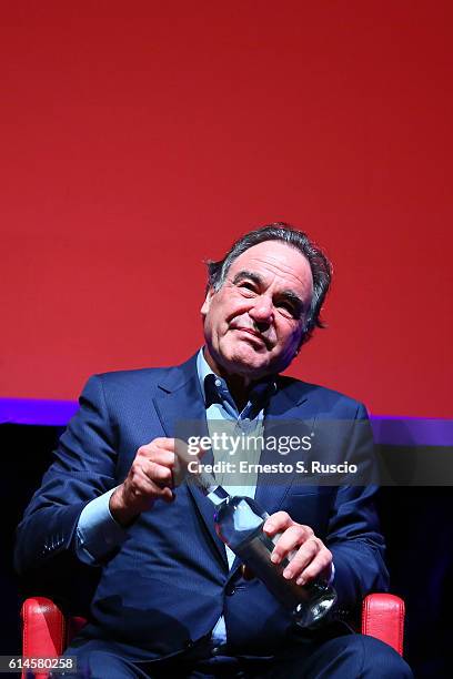 Oliver Stone attends a press conference for 'Powidoki - Afterimage' during the 11th Rome Film Festival at Auditorium Parco Della Musica on October...