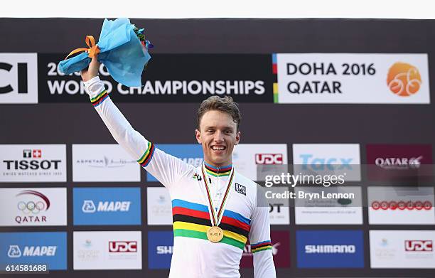 Jakob Egholm of Denmark celebrates on the podium after winning the Men Juniors Road Race on Day Six of the UCI Road World Championships at The Pearl...