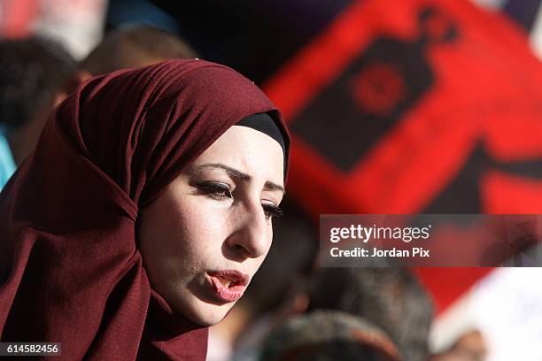 Hunderds of activists from the coalition of leftist and nationalist parties in Jordan protest against the gas deal with Israel, on October 14 in...