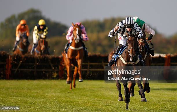 Ciaran Gethings riding Milan Of Crystal clear the last to win The Bathwick Tyres Back For The Season Handicap Hurdle Race at Wincanton Racecourse on...