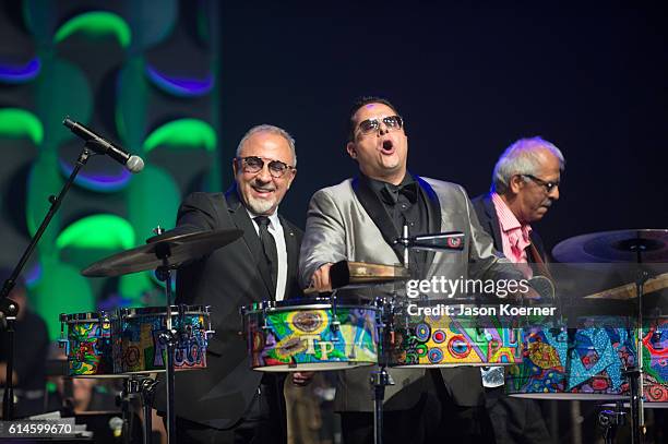 Emilio Estefan, Tito Puente Jr. And Jorge Santana perform on stage at the Latin Songwriters Hall of Fame at the Fillmore Miami Beachon October 13,...