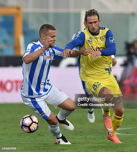 Michele Fornasier of Pescara Calcio and Antonio Floro Flores of AC Chievo Verona in action during the Serie A match between Pescara Calcio and AC...