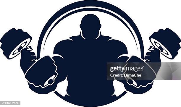 muscled man with dumbbells - body builder cartoon stock illustrations