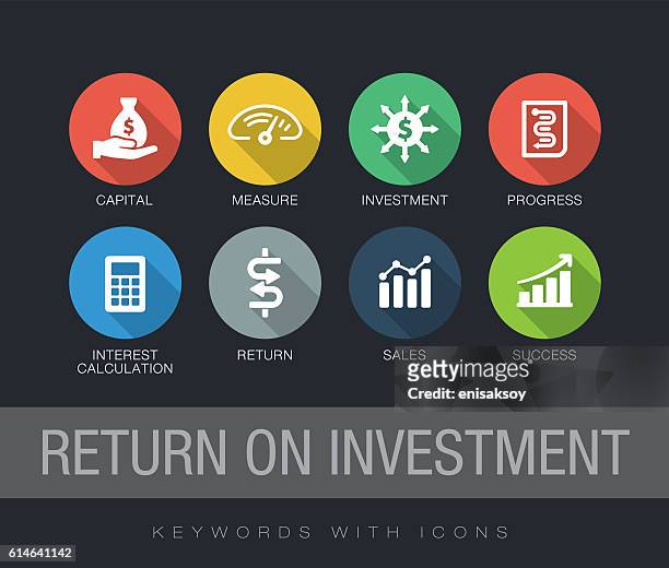 return on investment keywords with icons - marketing tools stock illustrations