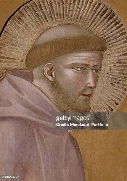 Italy, Tuscany, Assisi, Upper Church of the Basilica of St.Francis in Assisi. Detail. Head and shoulders of San Francis, whose head is surrounded by...